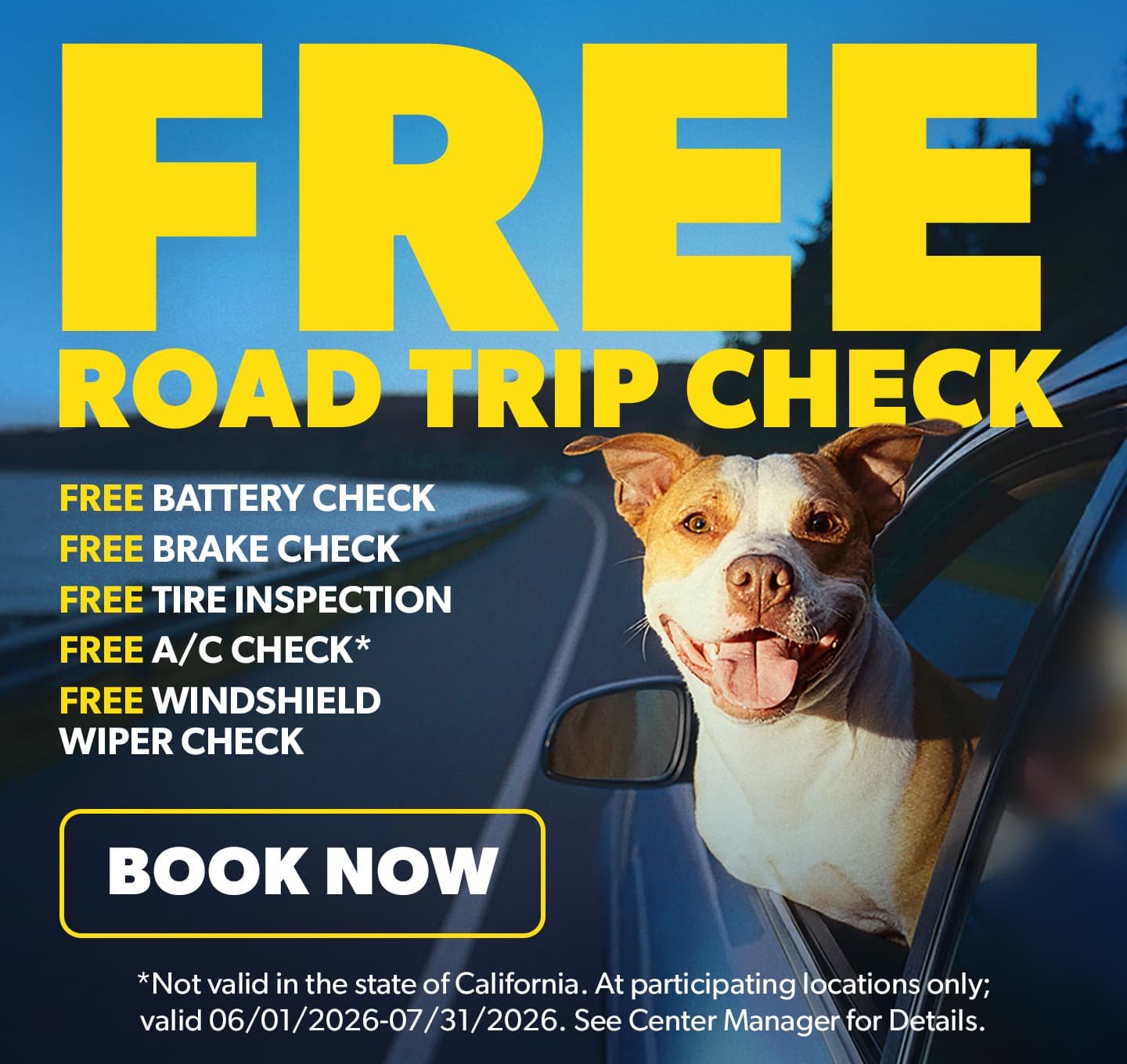 Free Road Trip Check. Free battery check. Free brake check. Free tire inspection. Free A/C Check*. Free windshield wiper check. Book Now. *Not valid in the state of California. At participating locations only; valid 06/01/2026 - 07/31/2026. See Center Manager for Details.