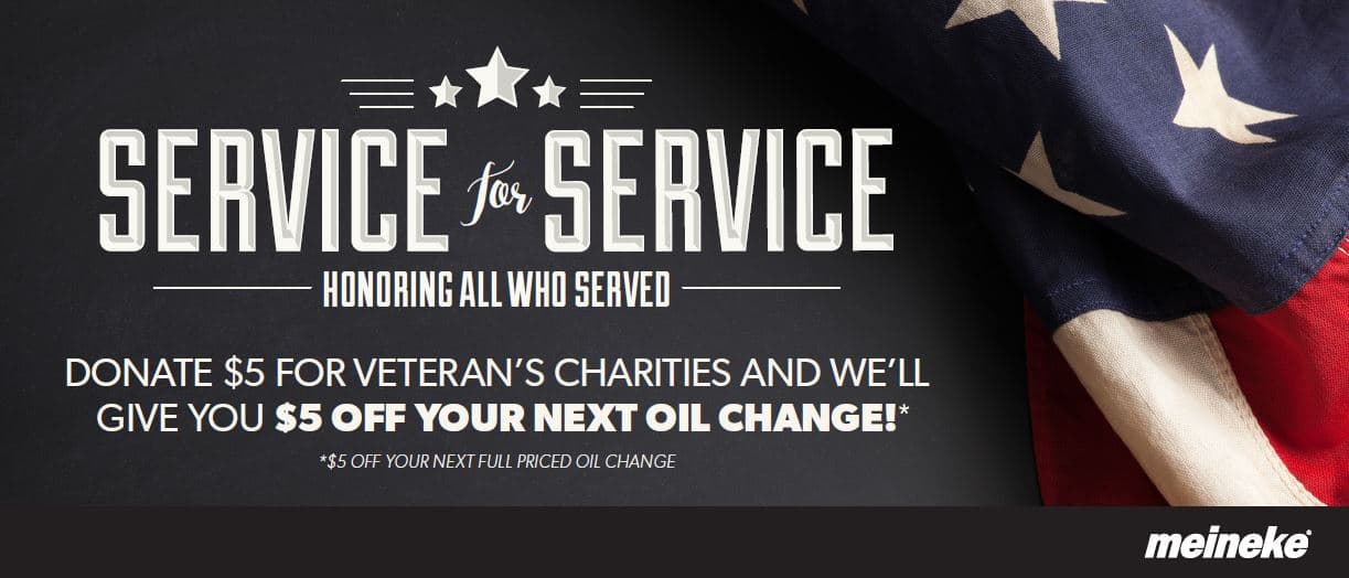 Meineke Service for Service, Donate 5 Dollars and Get 5 Dollars Off Your Next Oil Change