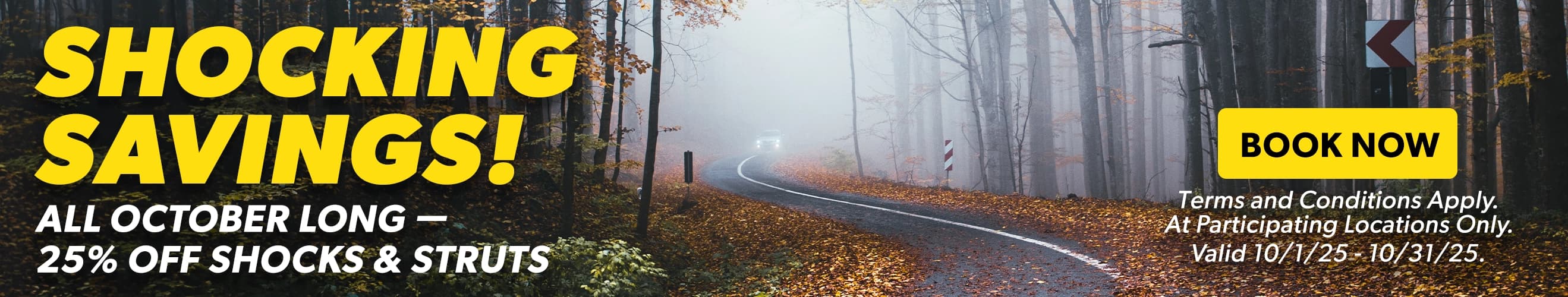 Shocking Savings! All October long – 25% OFF Shocks & Struts. Book Now. Terms and conditions apply. At participating locations only. Valid 10/1/25-10/31/25.