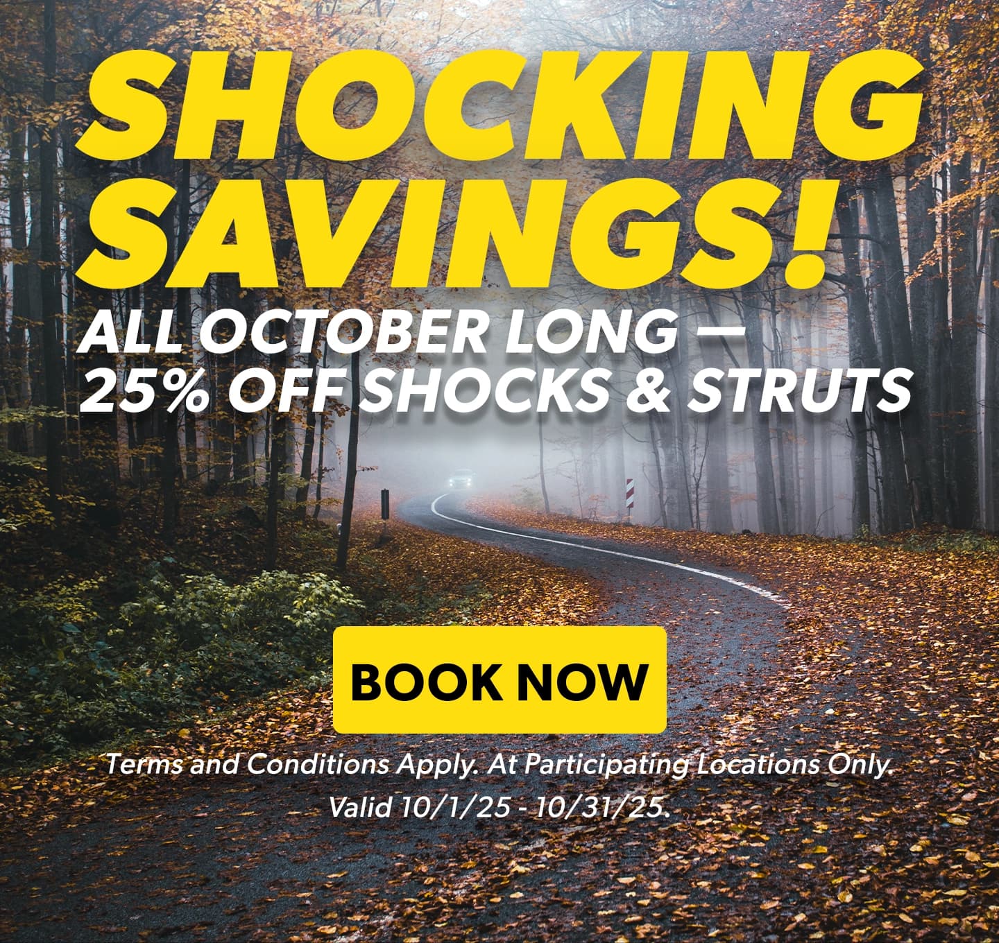 Shocking Savings! All October long – 25% OFF Shocks & Struts. Book Now. Terms and conditions apply. At participating locations only. Valid 10/1/25-10/31/25.